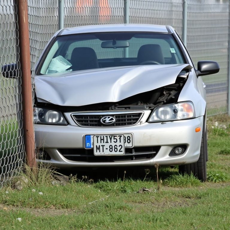 Ein silbernes Auto neben einem Zaun, das gegen einen Pfosten gefahren und deshalb vorn strak beschädigt ist. 